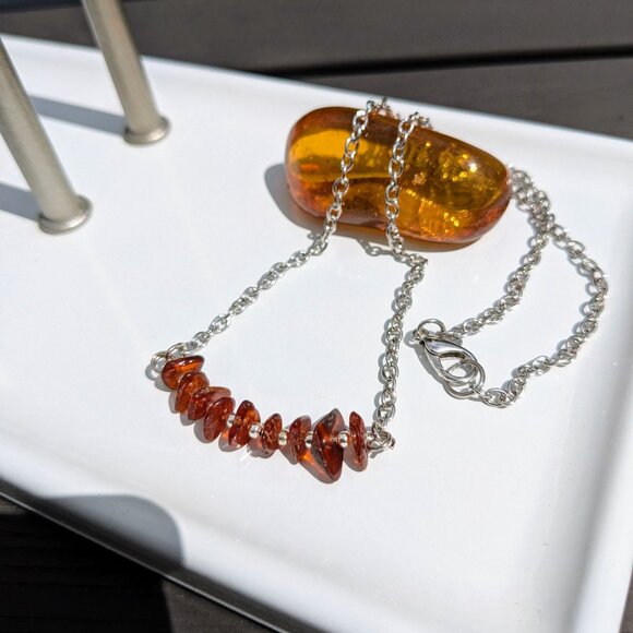 Genuine Natural Orange Amber Silver Chain Necklace - Picture 5 of 9